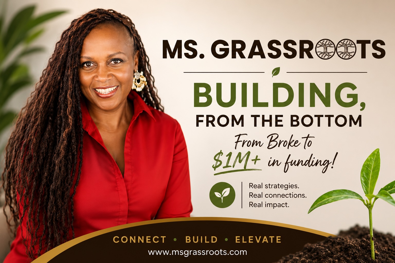 Ms. Grassroots, smiling, in a red blouse